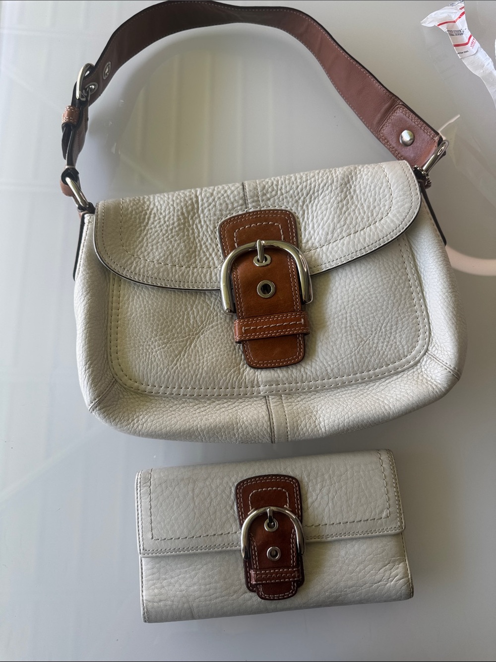 Coach SoHo Cream and Brown Leather Shoulder Bag with Matching SoHo Wallet